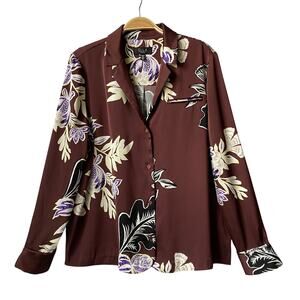 Ella Rafaella Floral Shirt Women Size‎ M Brown Cottagecore Long Sleeve Button Up